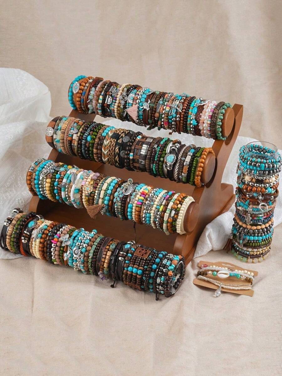 42 Pcs Mixed Vintage Style Multilayer Synthetic Turquoise & Wooden Beaded Bracelet Set With Butterfly/Heart/Hat Charms - Handmade Friendship Bracelet For Men Women - 棕綠色 - 查看 1