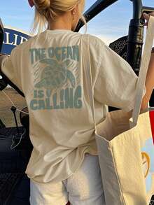 女士夏季度假海洋生物字母印花圆领T恤，图案T恤，白色、黑色、粉色