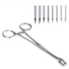 Kit de piercing cu 9 bucăți, ace, cleme, forceps și mănuși asortate - ideal pentru urechi, nas, buric, limbă, mamelon, sprâncene și buze 14G/16G/18G/20G