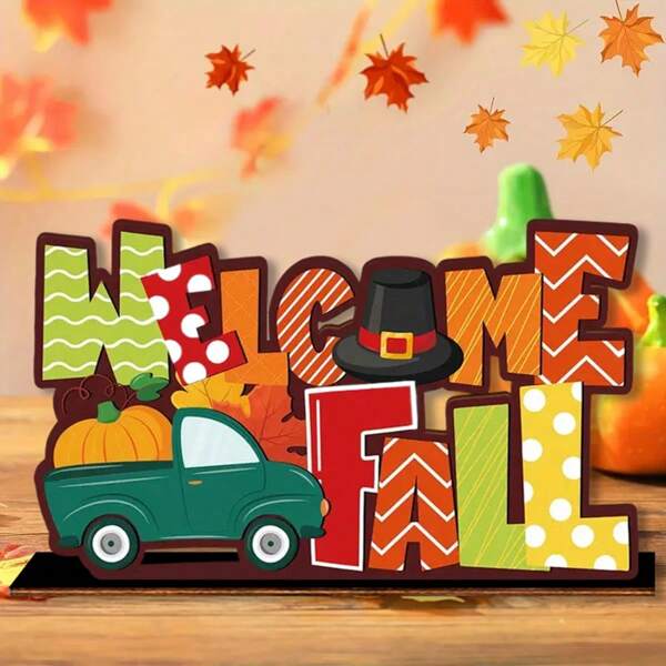 1pc Thanksgiving Fall Wooden Signs Halloween Tiered Tray Decorations Pumpkin Tabletop Signs Fall Table Decor Harvest Double Printed Wood Block Tiered Tray Decor For Home Farmhouse