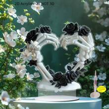 1pc 2D Flat Boho Skeleton Hand With Black Rose Acrylic Desktop Decor - Gothic Floral Art, Suitable For Home, Office Or Holiday Gift, Versatile Creative Decoration