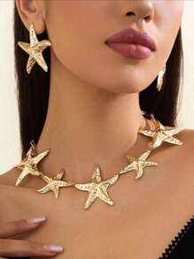 3pcs/Set Fashionable Metallic Texture Starfish Earrings And Necklace Set, Metallic Starfish Stud Earrings, Suitable For Beach Outfits