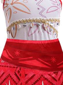 2pcs/Set Girls Red Sleeveless One-Shoulder Dress & Necklace Set, Children Princess Role-Play Stage Performance Halloween Costume