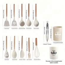 12 pièces Ensemble d'ustensiles de cuisine en silicone avec manches en bois et boîte de rangement, kit d'outils de cuisine antiadhésifs, comprenant une spatule, une cuillère à égoutter, une louche, un pinceau, des pinces, un fouet