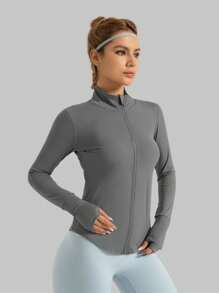 1 pieza Chaqueta de yoga de mujer de moda de primavera, sexy y delgada, unicolor, para uso diario, gimnasio, deportes, running, fitness, secado rápido, de bajo impacto, con cuello alto, abertura para el pulgar, para vacaciones, con cremallera, de manga larga, cómoda y suave, para deportes de verano al aire libre