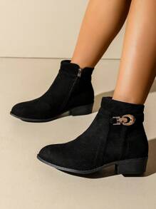 女士秋冬新款纯色粗跟皮带扣侧拉链短靴，休闲百搭切尔西踝靴，女靴 - 黑色 - 查看 3