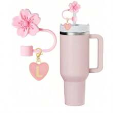 2 件/套心形和字母花卉可重复使用吸管盖，粉色杯字母标记，以及硅胶花卉吸管盖，适合 10 毫米大直径吸管，现代简约玻璃杯的可爱字母配件