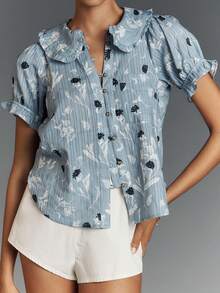 Women Y2k Puff Sleeve Peter Pan Collar Shirt Tops Button Down Boho Floral Print Ruffle Blouse Summer Cotton Babydoll Top - 藍色 - 查看 1