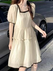 夏季新款宽松娃娃裙休闲连衣裙仙女唯美ins公主短袖连衣裙女时尚 - 杏色 - 查看 5