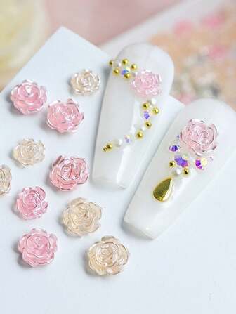 50 stuks gemengde 3D transparante rozenhars nagelaccessoires, parel camelia bloemdecoratie met metalen kralen, nagelkunstbenodigdheden