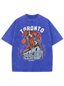 Ash-Vintage Washed Oversized-Drapey Toronto Raptors Dino-Basketball Tee - Retro-Sport Street-Hardcore Vibe - 藍色 - 查看 1