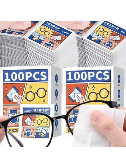 100 piezas Toallitas húmedas para limpiar gafas - Toallitas húmedas desechables para desengrasar lentes y cuidado de gafas. Diseñadas especialmente para limpiar pantallas de teléfonos inteligentes, pantallas de computadoras, lentes de cámaras y vidrio. Humedad moderada, suave y dura, no dañina para las gafas. Empaque individual súper mini, portátil y conveniente. Exquisito y adorable, esencial para el hogar y los viajes.