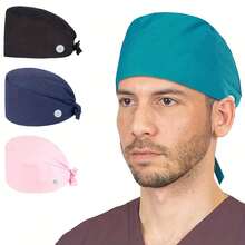 1 pieza Gorro médico/quirúrgico unisex, de unicolor con cinta, diadema, a prueba de polvo y humo, 11 colores - Gorra médica de doble cola - Ver 1