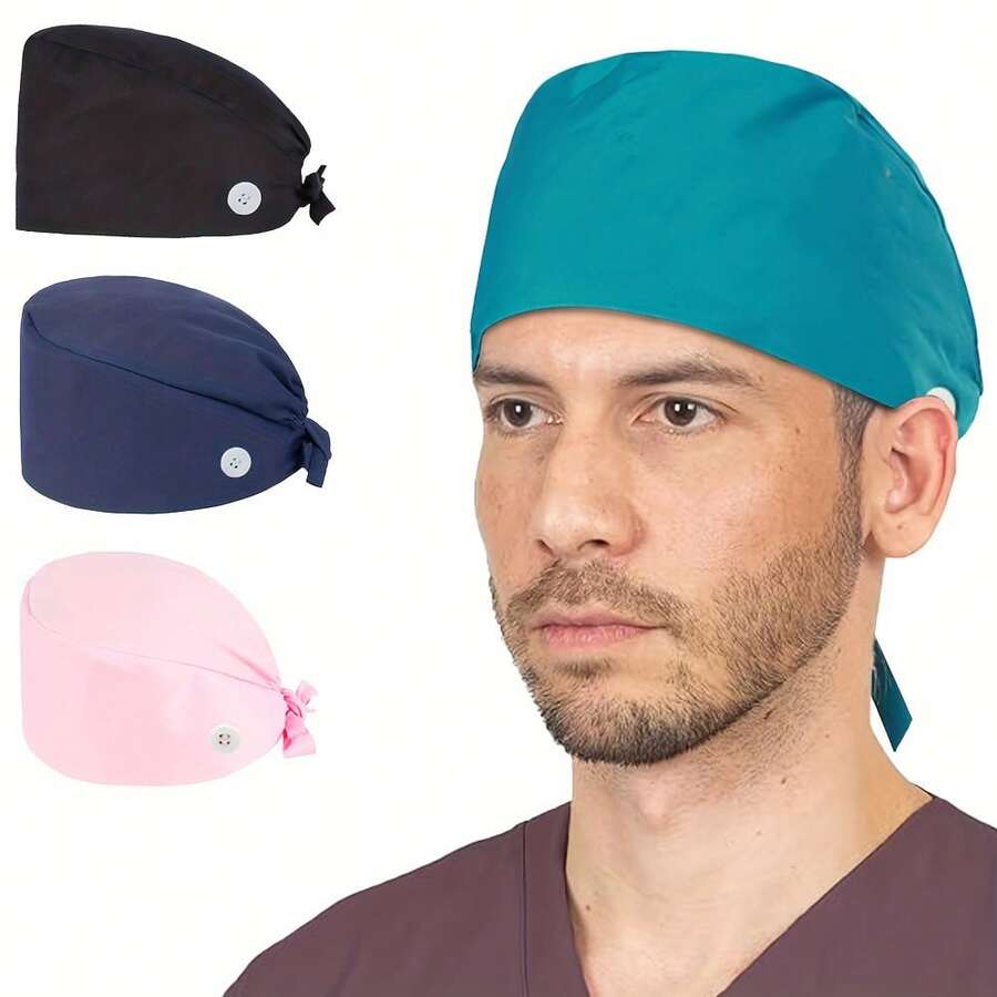 1 pieza Gorro médico/quirúrgico unisex, de unicolor con cinta, diadema, a prueba de polvo y humo, 11 colores - Gorra médica de doble cola - Ver 1