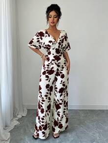 女士褶皱不对称黑白印花连体裤，腰部系带高腰阔腿宽松休闲工作连体裤夏季度假 - 咖啡 - 查看 5