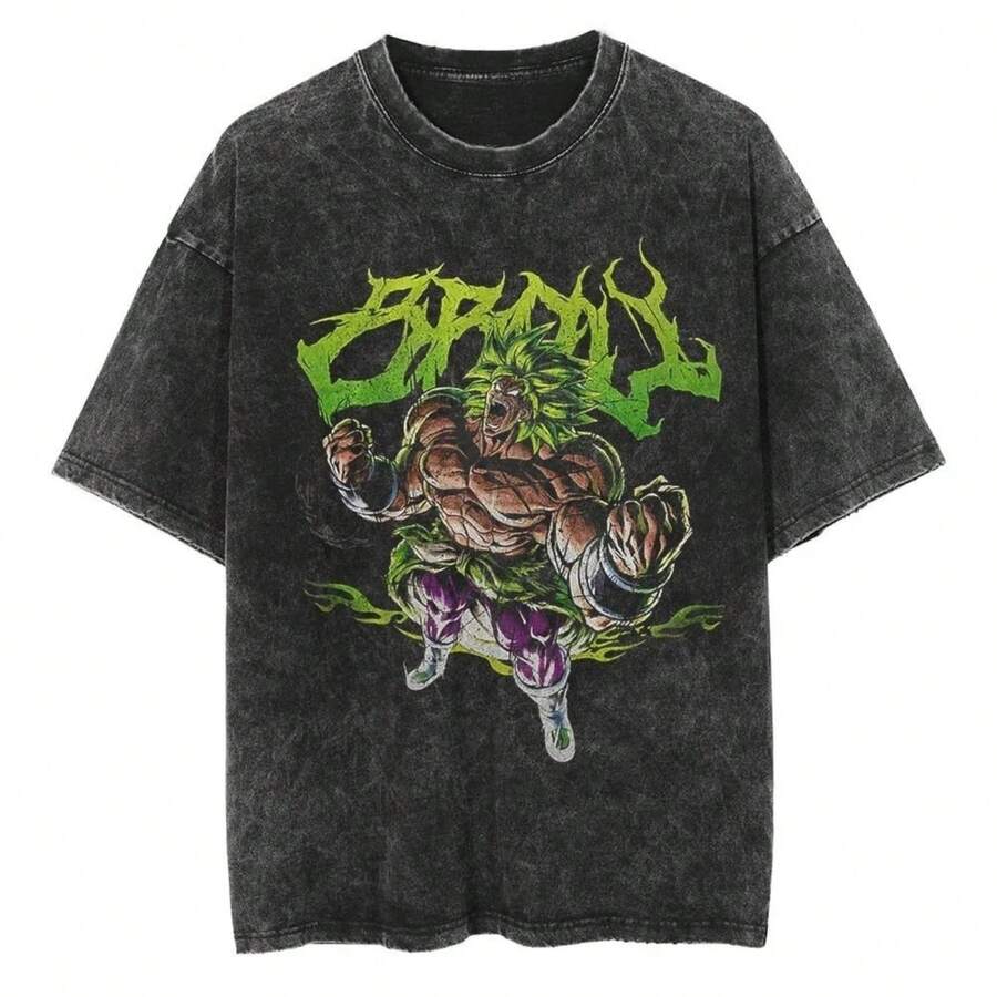 Japanese Anime Broly Men's And Women's T-Shirt Cotton Washed Old Retro Y2K Harajuku Oversize Casual Short Sleeves - 黑色 - 查看 1