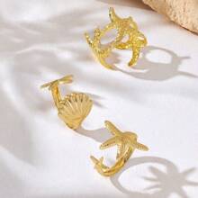 3pcs Metal Fashion Ocean Series Ring Set, Shell & Starfish, Adjustable, Women Summer Beach Jewelry