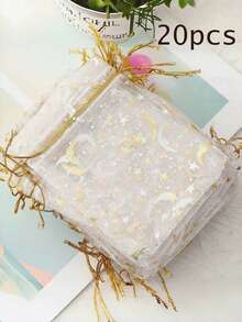 10/20pcs 9*12cm Hot Stamped White Moon And Star Pattern Organza Drawstring Gift Bags, Suitable For Jewelry Storage, Candy, Chocolate Packaging, Birthday, Party Gift Packaging, Home Furnishings - Multicolor - View 14