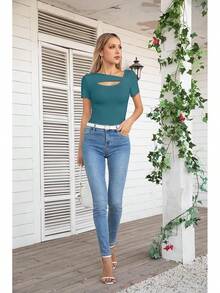 Womens Fashion Fall Cutout Long Sleeve Ribbed Slim Fitted Tops Shirts Tee Tshirts - Short-teal - View 5