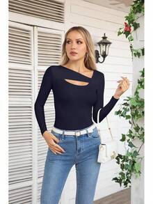 Womens Fashion Fall Cutout Long Sleeve Ribbed Slim Fitted Tops Shirts Tee Tshirts - Long-navy - View 3