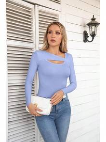 Womens Fashion Fall Cutout Long Sleeve Ribbed Slim Fitted Tops Shirts Tee Tshirts - Long-purple Blue - View 5