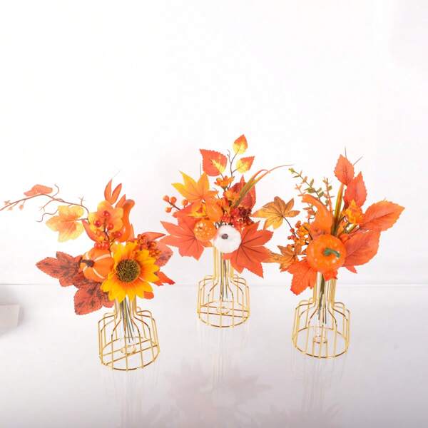 1pc Golden Geometric Metal Frame Transparent Glass Tube With Floral Decor, Autumn Maple Leaf Pumpkin Floral Bouquet Centerpiece Suitable For Thanksgiving Home, Kitchen, Office, Bookshelf Decoration Home Decor Halloween Decor Fall Decor Room Decor