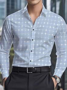 Men's Fashion Casual Plaid Print Long Sleeve Dress Shirt,Fall - Baby Blue - View 4