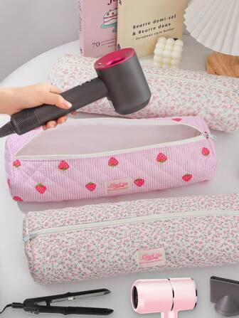1 件粉色花朵/草莓绗缝轻质吹风机收纳袋卷发器收纳袋适用于旅行便携式吹风机收纳袋旅行便携式多功能化妆包化妆品收纳旅行洗漱包手提包防尘大容量电卷发棒直板夹保护套吹风机收纳袋，适合返校的礼物