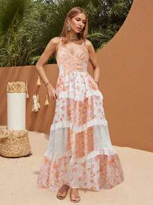 Women's Floral Print Long Dress Sleeveless Spaghetti Strap Tiered Ruffle Dress Vacation Dress