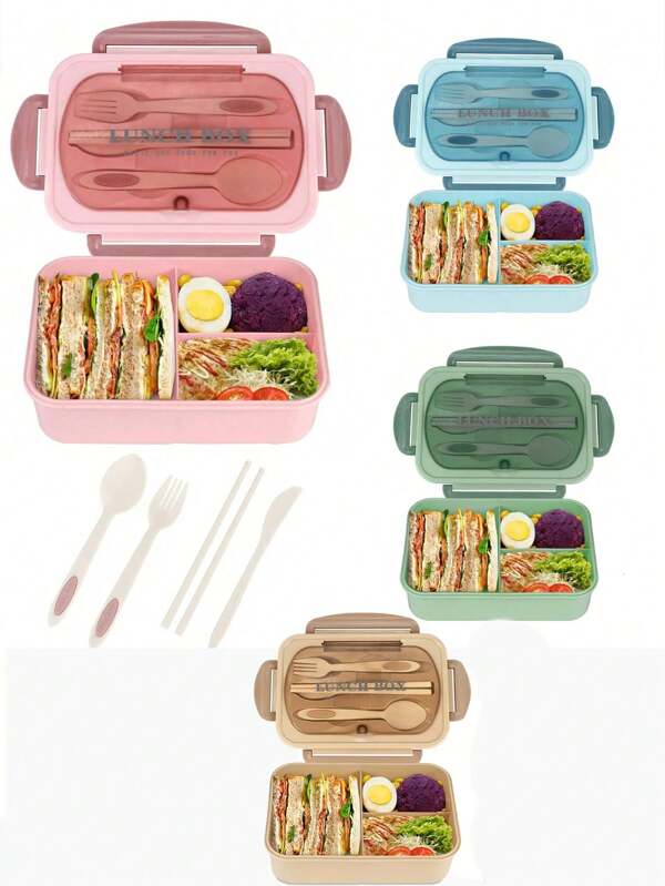 1 Juego de Caja de Almuerzo Bento con Compartimentos de unicolor Cuadrados con Tapa y Cubiertos (Tenedor y Cuchara), Caja de Almuerzo de Plástico Reutilizable y Apta para Microondas para Trabajadores de Oficina, Estudiantes, Fiestas, Exteriores, Campamentos, Picnics, Bocadillos, Útiles Escolares