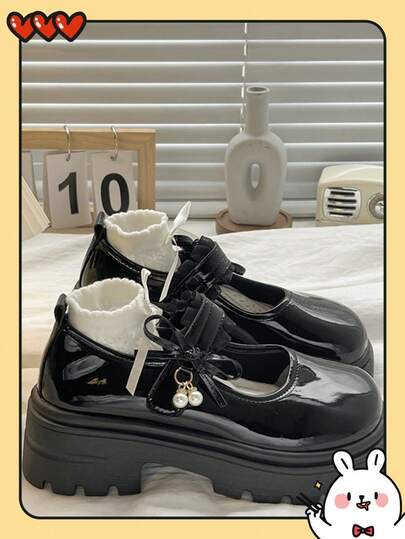 女士厚底厚底乐福鞋/黑色搭扣蝴蝶结小皮鞋，2025春季新款复古英伦风厚底JK玛丽珍鞋哥特鞋/珍珠装饰/哥特风/女士厚底乐福鞋/女士平底乐福鞋