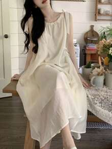 Francés suave perezoso estilo de vacaciones sueltas señoras halter vestido de las mujeres de diseño de verano sentido de la falda de longitud media - Blanco - Ver 1