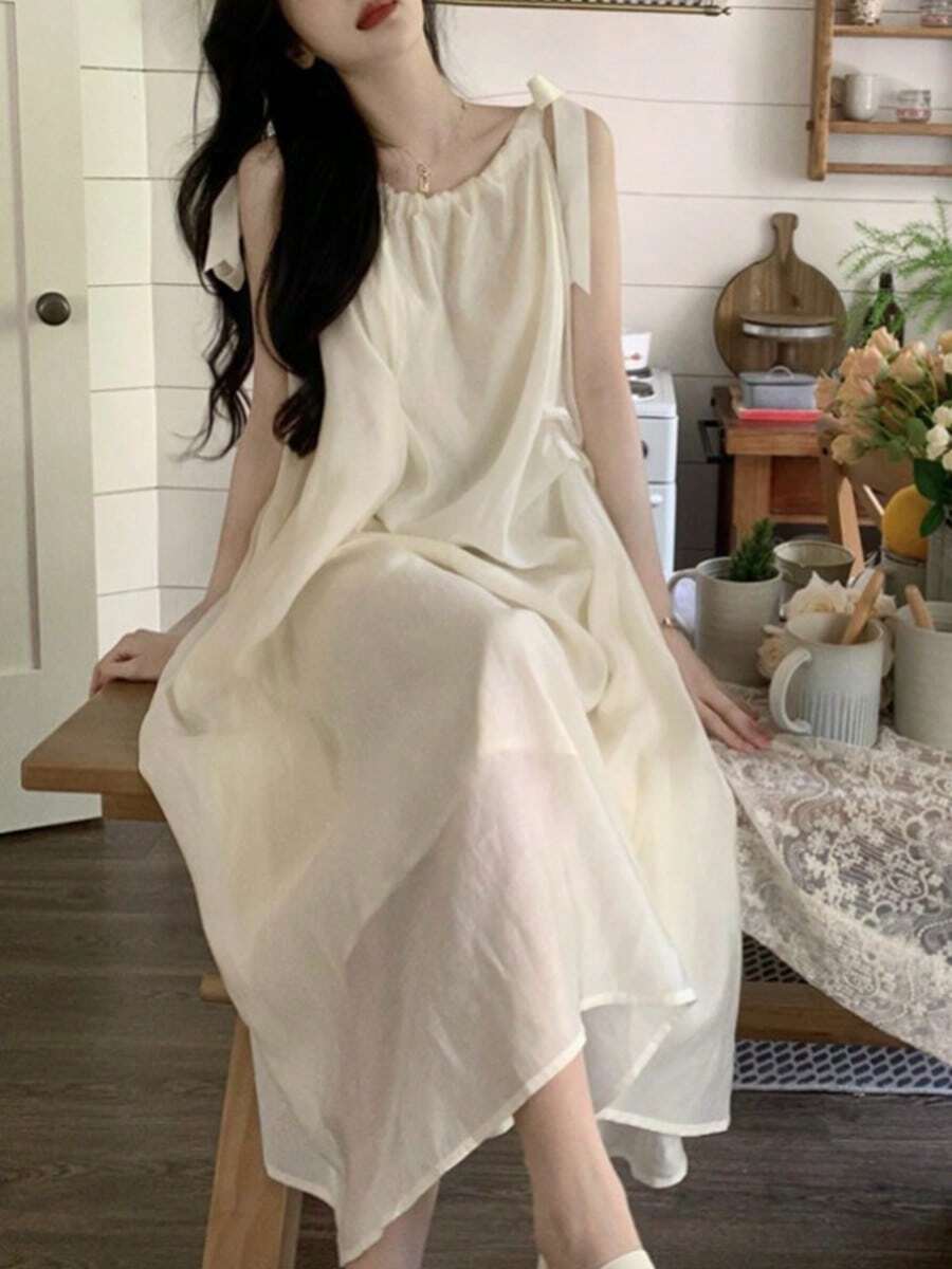 Francés suave perezoso estilo de vacaciones sueltas señoras halter vestido de las mujeres de diseño de verano sentido de la falda de longitud media - Blanco - Ver 1