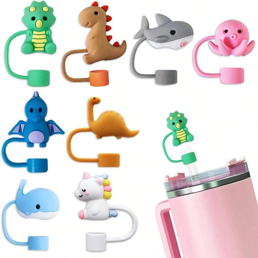 QY 8 Pack Animal Straw Cover Cap For  Cup 3040 Oz Tumbler Silicone Straw Topper Protector Lid In Various Shapes Reusable Cute Dinosaurs Covers For 0.4 Inch 10 Mm Straws 2216 - 8件恐龍吸管套 - 查看 1