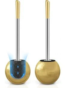 Escobilla para retrete con soporte, paquete de 2, escobilla de acero inoxidable 304, cómodo extendido y duradero, ergonómico, práctico y duradero, color dorado