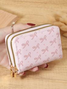 粉色蝴蝶结爱心图案多功能零钱包，双拉链卡夹，多卡位卡片收纳盒，用于存储信用卡，轻巧简约，时尚，现代，商务，周年纪念，圣诞节，情人节，生日礼物，礼物，送给爱人，送给女士，送给女孩，送给女士，送给女性，学校宿舍和返校用的学校用品包