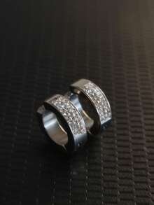 Luxury Unisex Silver Clip-On Hoop Earrings With 3 Rows Of Stones - 銀色 - 查看 4