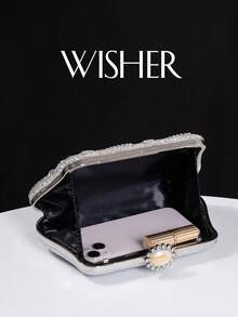Luxurious Sequin & Rhinestone Decorated Clutch Bag, Floral & Diamond Design, Suitable For Formal Occasions, Party/Wedding/Graduation, Shiny Evening Handbag With Chain - Silver - View 10