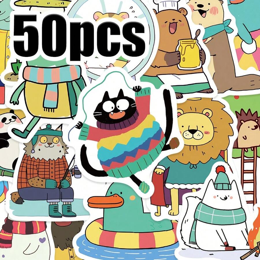 50 件创意趣味动物人物贴纸卡通动物图案不可重复适用于手册行李箱吉他冰箱收纳盒桌面装饰贴纸工艺品一次性节日礼物和派对用品的理想选择 - 彩色 - 查看 1
