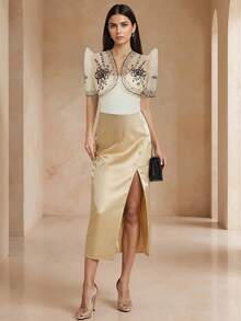 Amyenjoylife Modern Filipiniana Letni damski elegancki kardigan z nadrukiem i bufiastymi rękawami, bolerko Filipiniana - Szampan - Zobacz 3