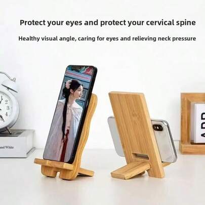 2 pièces Support de téléphone en bambou avec port de charge, support de téléphone de bureau portable et durable compatible avec les smartphones et les tablettes