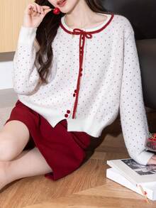 女士圆点花纹圆领开衫，秋冬青春风尚 - 紅白色 - 查看 1