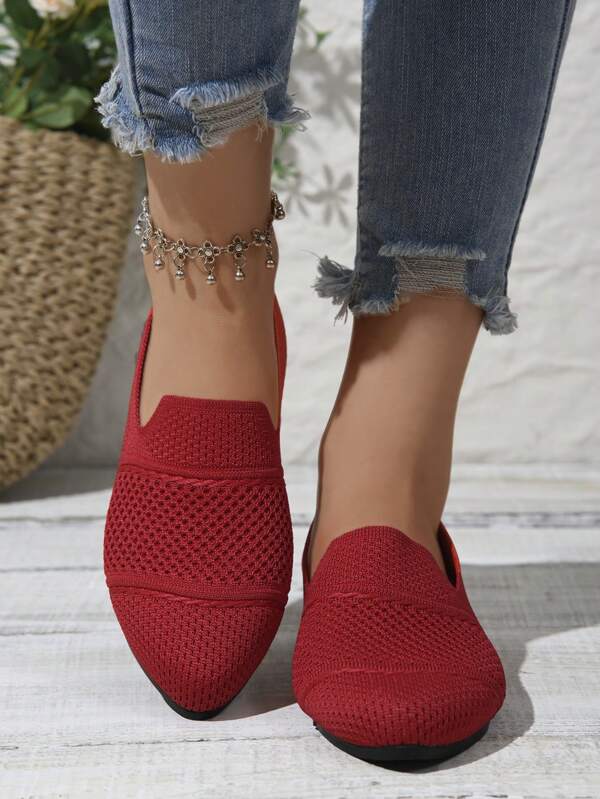 2025 Season New Fabric Outdoor Ladies High Heel Pumps, Large Size Knit Comfortable & Soft Non-Irritating, Versatile Lightweight For Home & Outing, Red Bohemian Elegant Pointed Toe Low Heel Shoes