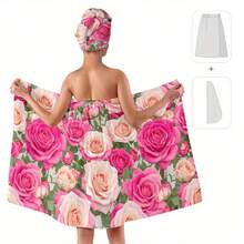 2 Pcs Rose Print Elegant Bathrobe Set - Soft Microfiber, Quick Dry, Machine Washable - Includes Matching Towel & Robe, Suitable For All Seasons, Ideal Gift For Valentine's Day, Christmas, Essential For Bathroom | Elegant Rose Design | Polyester Robe, Towel, Washcloth - Multicolor - View 5