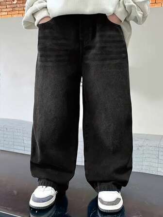 Jeans casuales y versátiles de bolsillo y corte holgado para adolescentes