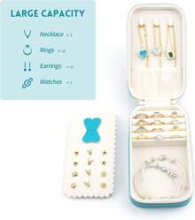 Small Travel Jewelry Organizers Box Women With PU Leather Portable Jewelry With Compartments Necklace Rings Earrings,Luxury Giftable Boxes.(Pearl White, S) - 藍綠色 - 查看 3