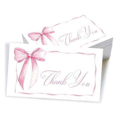 50pcs Pink Bow Thank You Cards Watercolor Coquette Bowknot Blank Note Greeting Cards For Wedding Bridal BabyShower Birthday Party Supplies