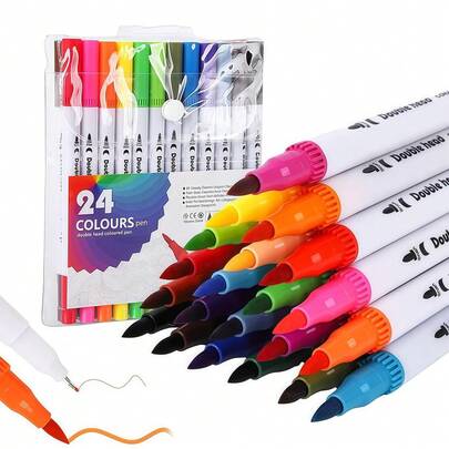 Kit 24 Cores Caneta 2 em 1 Brush Lettering e Ponta Fina Dual Pen Canetinha Colorir Desenho