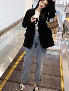 Blazers de Mujer, Mujeres casual suelta otoño Inglaterra delgada chaqueta de negocios ,Blazer informal de poliéster con cuello de solapa, botones al frente, manga larga y bolsillos para mujer, corte regular para uso diario - Negro - Ver 6