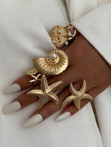 6pcs Exaggerated Ocean Elements Shell, Fan Conch, Starfish Design Rings, Vintage Bohemian Faux Pearl Decor Alloy Adjustable Rings Set, Personalized Unique Design For Women Daily & Holiday Wear - Starfish Ring - View 4